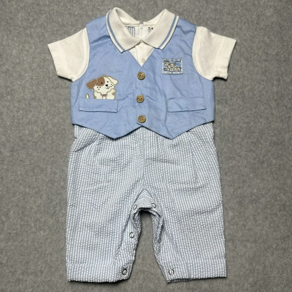 Vintage Baby Togs Overalls Outfit 3-6 Months Dog Puppy Seersucker Baby Blue NWOT